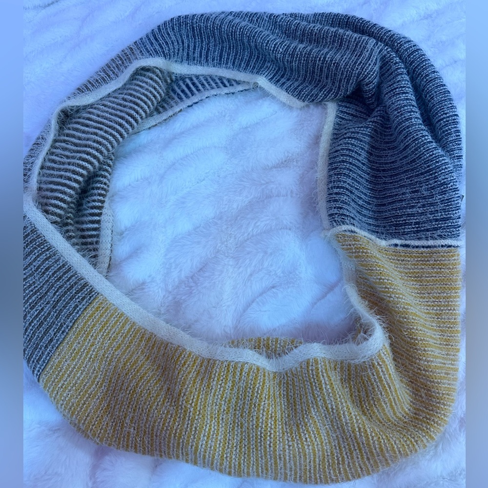 Striped Infinity Scarf navy blue, mustard, yellow, and brown, striped fuzzy